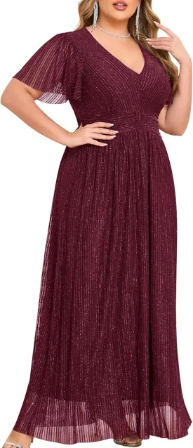 ZOMVA Plus Size Maxi Formal Dress Sparkly V-Neck A-line Ruffle Sleeves Evening Gown Cocktail Prom Glitter