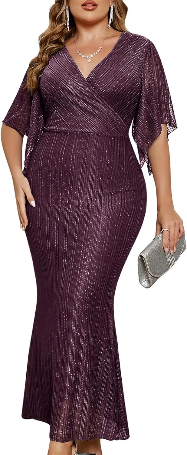 ZOMVA Plus Size Maxi Formal Dress Sparkly V-Neck Mermaid Wrap Evening Gown Cocktail Prom Glitter Handkerchief Sleeves
