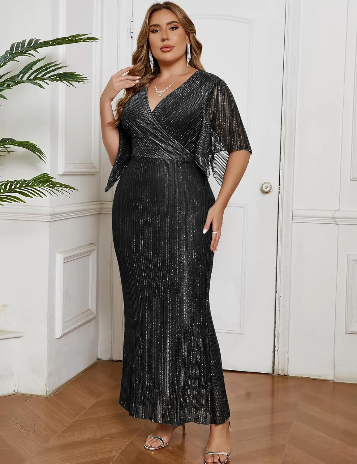 ZOMVA Plus Size Maxi Formal Dress Sparkly V-Neck Mermaid Wrap Evening Gown Cocktail Prom Glitter Handkerchief Sleeves