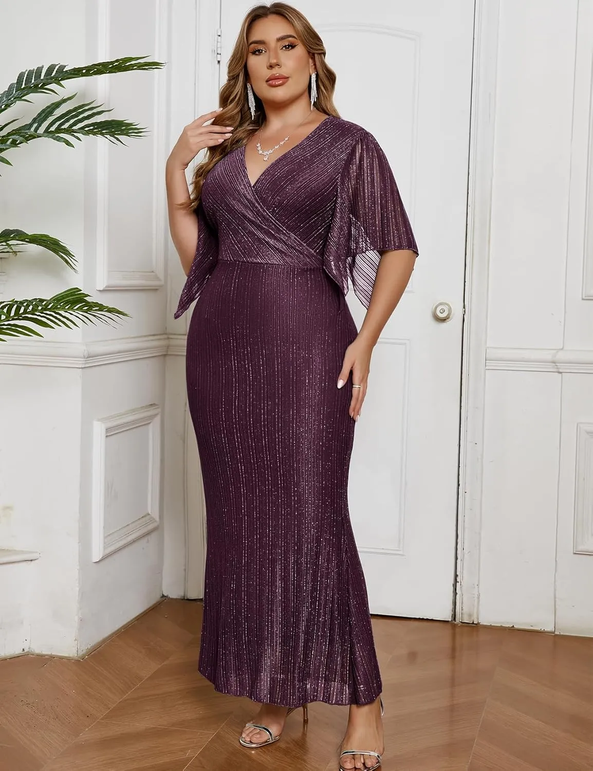 ZOMVA Plus Size Maxi Formal Dress Sparkly V-Neck Mermaid Wrap Evening Gown Cocktail Prom Glitter Handkerchief Sleeves