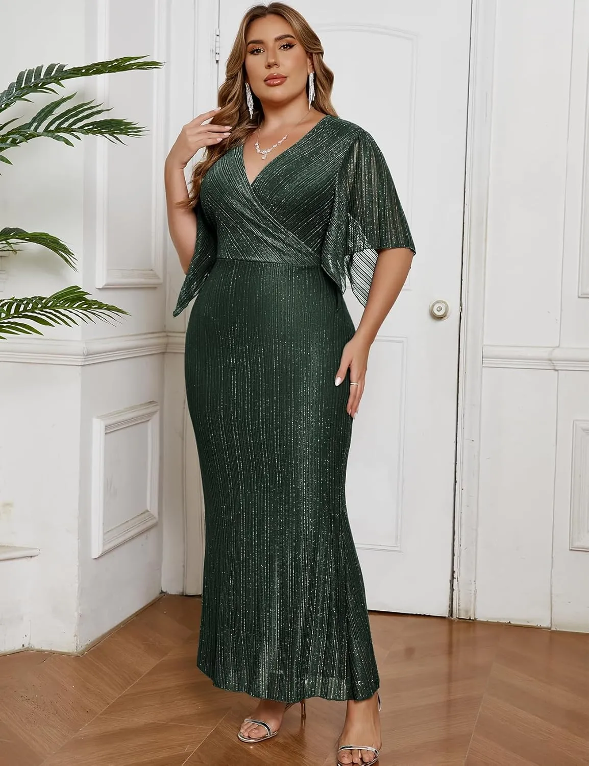 ZOMVA Plus Size Maxi Formal Dress Sparkly V-Neck Mermaid Wrap Evening Gown Cocktail Prom Glitter Handkerchief Sleeves