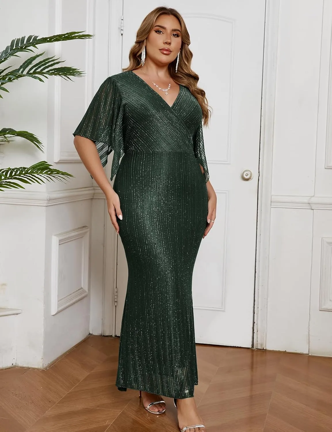 ZOMVA Plus Size Maxi Formal Dress Sparkly V-Neck Mermaid Wrap Evening Gown Cocktail Prom Glitter Handkerchief Sleeves
