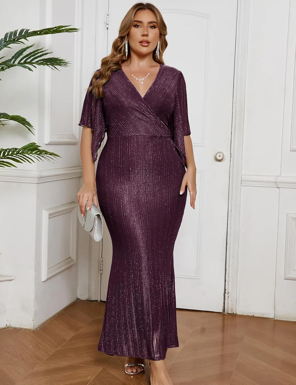 ZOMVA Plus Size Maxi Formal Dress Sparkly V-Neck Mermaid Wrap Evening Gown Cocktail Prom Glitter Handkerchief Sleeves