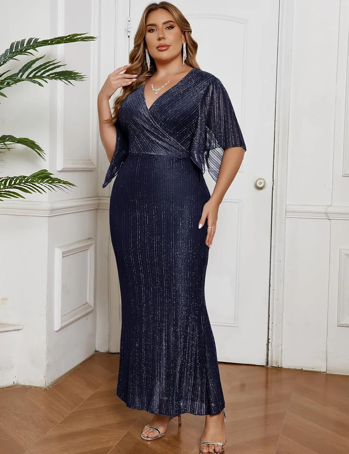 ZOMVA Plus Size Maxi Formal Dress Sparkly V-Neck Mermaid Wrap Evening Gown Cocktail Prom Glitter Handkerchief Sleeves