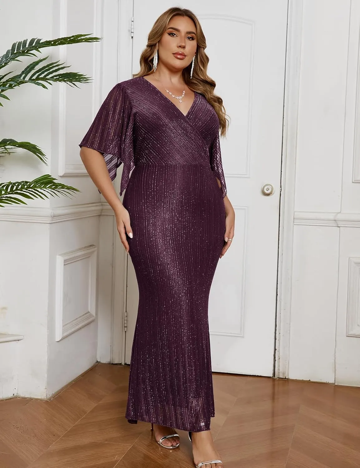 ZOMVA Plus Size Maxi Formal Dress Sparkly V-Neck Mermaid Wrap Evening Gown Cocktail Prom Glitter Handkerchief Sleeves