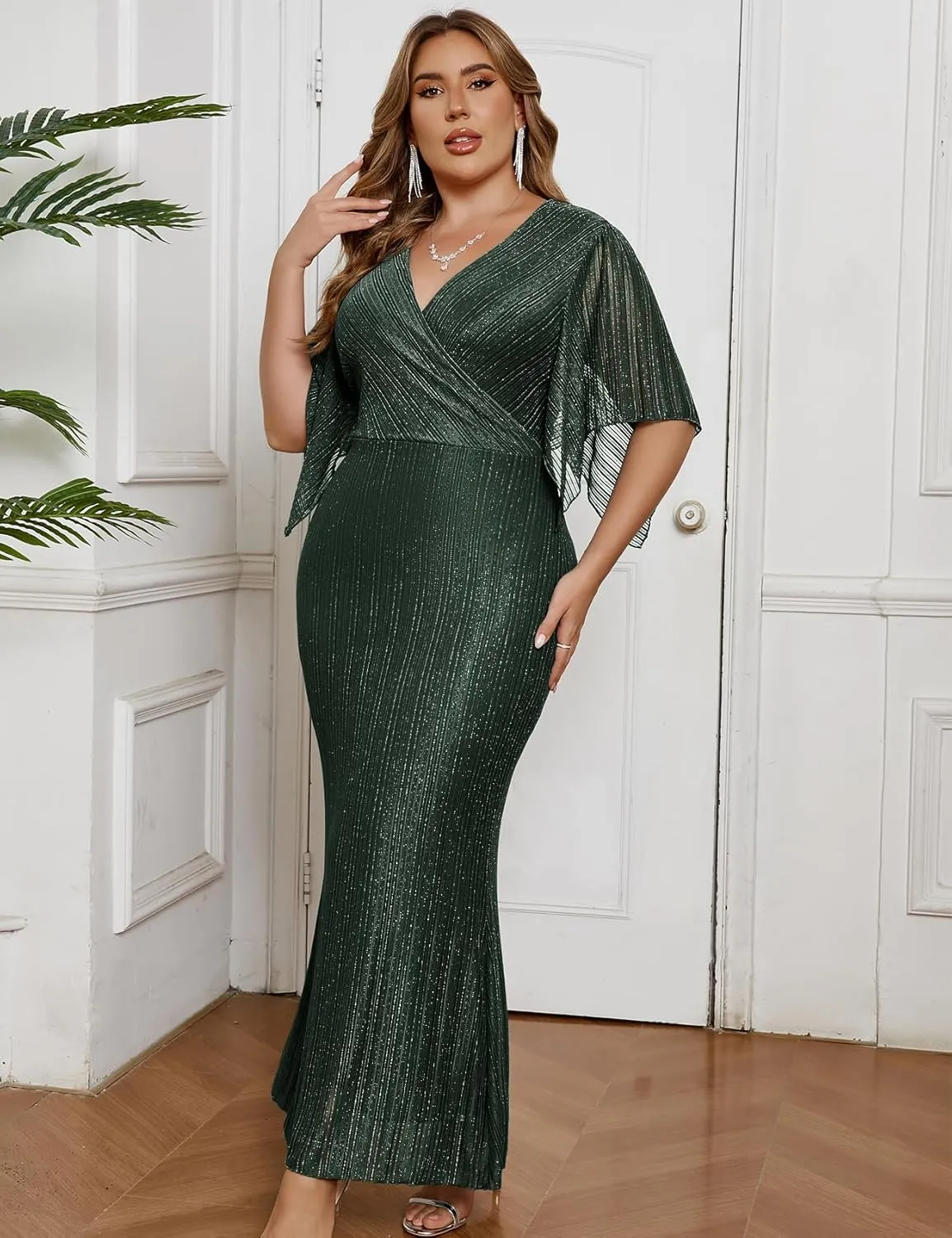 ZOMVA Plus Size Maxi Formal Dress Sparkly V-Neck Mermaid Wrap Evening Gown Cocktail Prom Glitter Handkerchief Sleeves