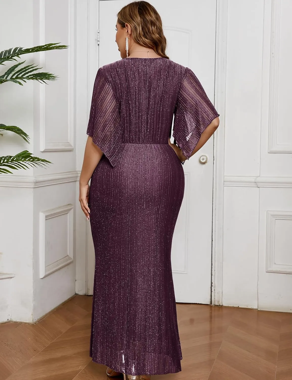 ZOMVA Plus Size Maxi Formal Dress Sparkly V-Neck Mermaid Wrap Evening Gown Cocktail Prom Glitter Handkerchief Sleeves