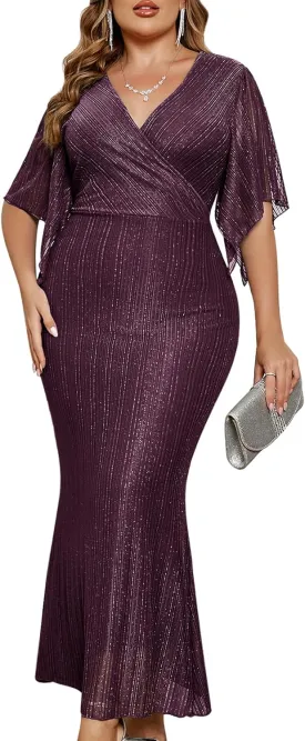 ZOMVA Plus Size Maxi Formal Dress Sparkly V-Neck Mermaid Wrap Evening Gown Cocktail Prom Glitter Handkerchief Sleeves
