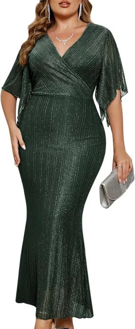 ZOMVA Plus Size Maxi Formal Dress Sparkly V-Neck Mermaid Wrap Evening Gown Cocktail Prom Glitter Handkerchief Sleeves